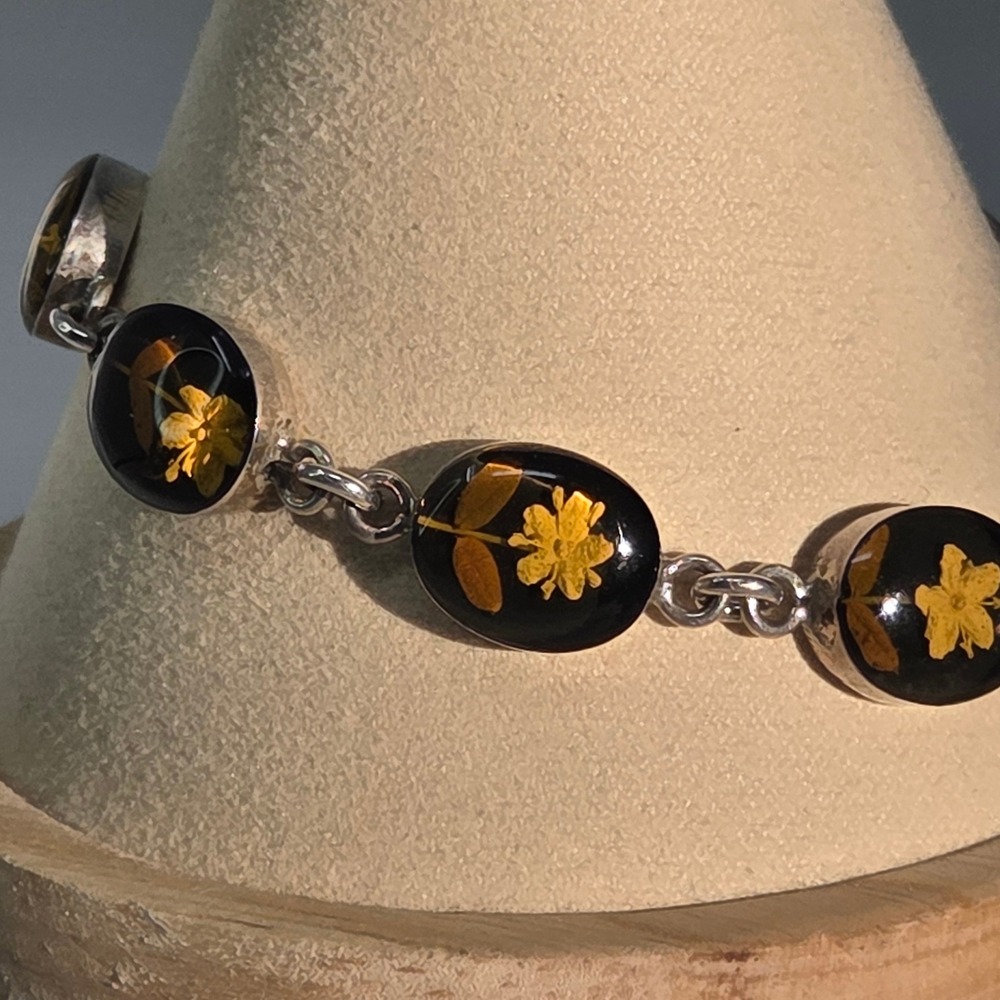 Mexican Silver Bracelet Sterling Silver Pressed Flowers Resin Links 7.5" 17.8g - Picture 8 of 9